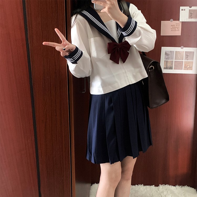 现货水手服正统jk制服套装基础款白三本夏服长袖日系学院风百褶裙